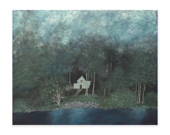 Blue Lake Cottage, Original Acrylic Art, Blue Palette, 16x20, Landscape, Winter, Cottages
