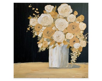 Moonbeams, Original Acrylic Art, 20 x 20, Floral, Yellow, Gray, & White, White Vase