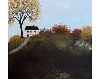 Into November Cottage, 8 x 8, Original Acrylic Art, Fall Landscape, Folk Art, Thanksgiving, Canvas, Halloween