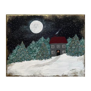 Christmas in the Forest Cottage, Original Acrylic Art, 8 x 10, Folk Art, Holiday, Winter, Snow