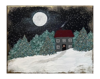 Christmas in the Forest Cottage, Original Acrylic Art, 8 x 10, Folk Art, Holiday, Winter, Snow
