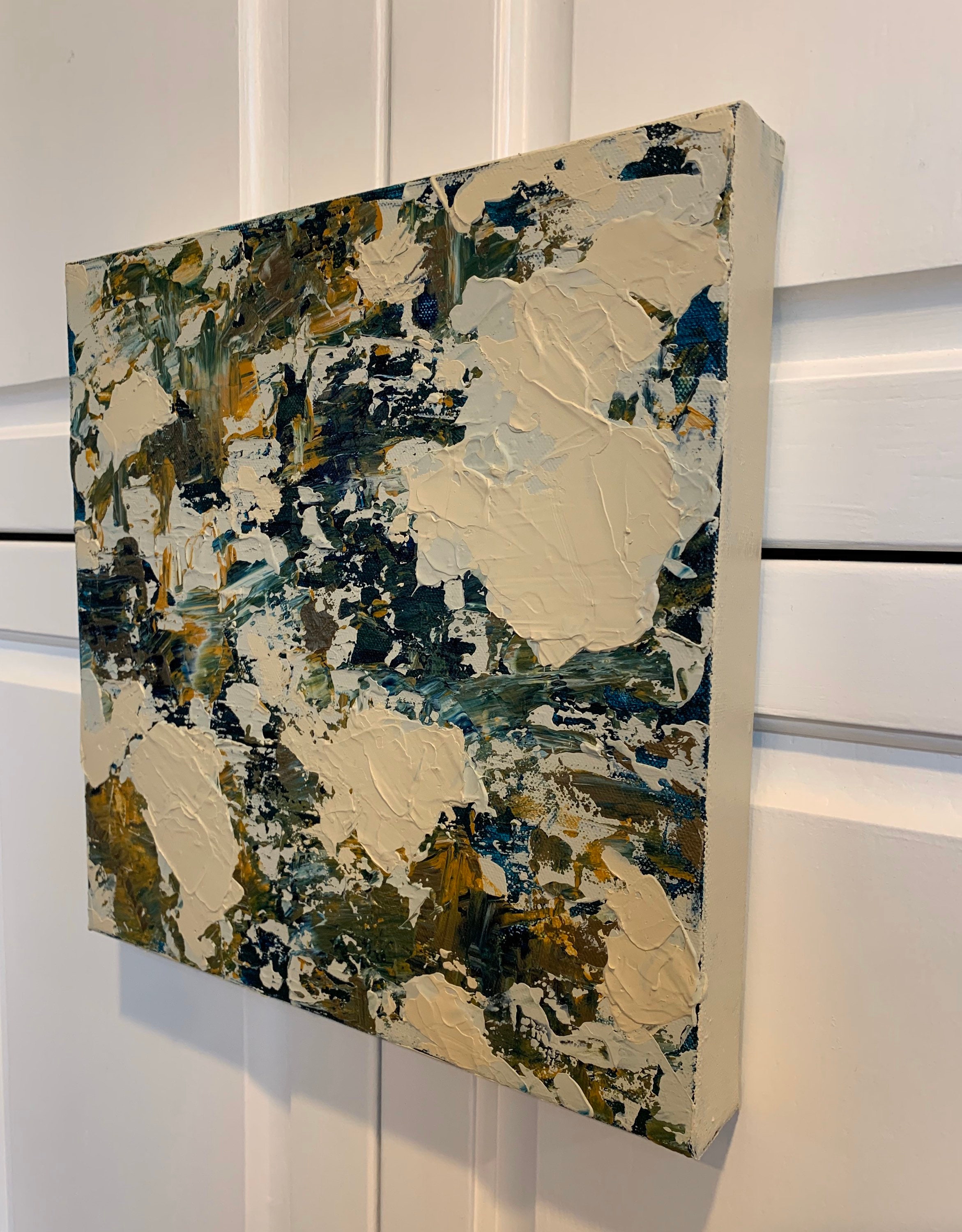 Clouds on Hold, Original Acrylic Art, Teal, Gold, and Cream, Abstract