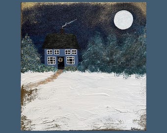 Full Moon Christmas Cottage, Original Acrylic Art, 8 x 8, Folk Art, Holiday, Winter, Snow