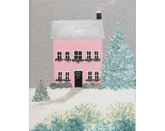 Snowy Pink Christmas Cottage, 8 x 10, Original Acrylic Art, Snow, English Landscape, Christmas Cottage, Folk Art