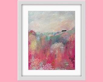 Forever Spring Cottage, Original Acrylic Art, Cottage Art, Landscape, 18 x 14, Pink and Green, Flowers, Cottages,