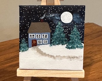 Tiny Full Moon Christmas Cottage, Tiny Acrylic Painting with Easel, 3" x 3" Canvas Art, Christmas Art