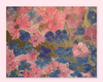 Garden Dance, Original Acrylic Art, 14 x 18, Floral Art, Pink and Blue, Gold Detailing