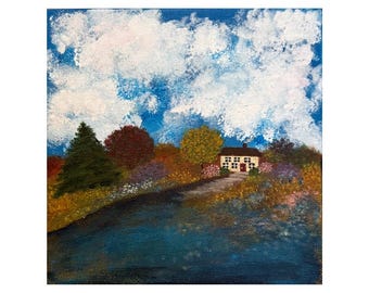 Fall Country Cottage, Original Acrylic Art, Cottage Art, 8x8, Cottage Landscape, English Cottage, Folk Art, Canvas