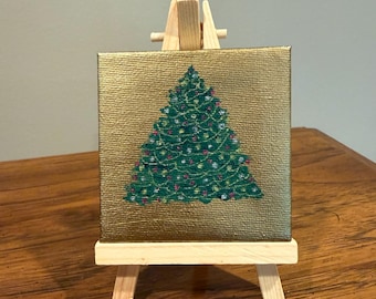 Tiny Christmas Tree on Gold, Tiny Acrylic Painting with Easel, (3" x 3”)