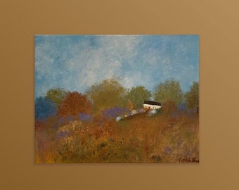Crooked Cottage, 11 x 14, Original Acrylic Art, Fall Landscape, English Countryside, Folk Art, Canvas