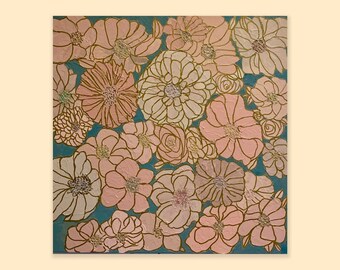 Garden Joy, Original Acrylic Art, Floral Art,  18 x 18, Pink and Cream, Textured, Canvas