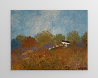 Crooked Cottage in the Fall Folk Art:  Original Acrylic Painting on Canvas (11x14)