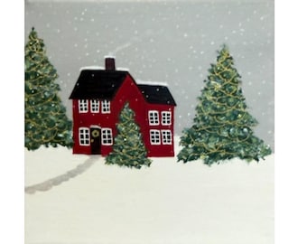 Christmas Red Cottage Folk Art: Original Acrylic Painting on Canvas (6x6)