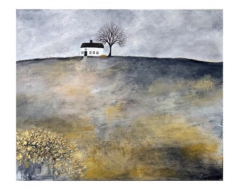 Grey Sky Cottage, Original Acrylic Art, Cottage Art, 20 x 16, Landscape, Cottage, Folk Art