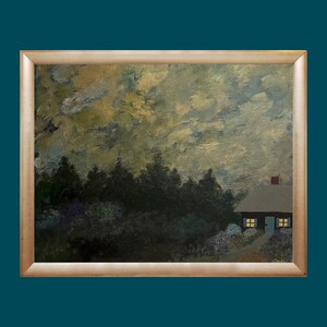 Hideaway Cottage, Original Acrylic Art, Cottage Art, 14 x 18, Cottage Landscape, Cloudy Sky