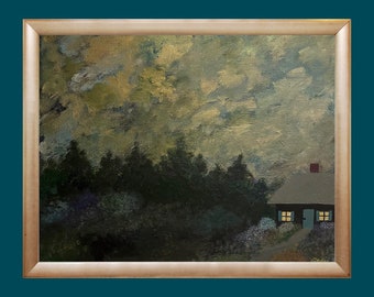 Hideaway Cottage, Original Acrylic Art, Cottage Art, 14 x 18, Cottage Landscape, Cloudy Sky
