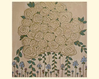 Roses are White, Acrylic Art, 20 x 20, Ivory Roses with Gold