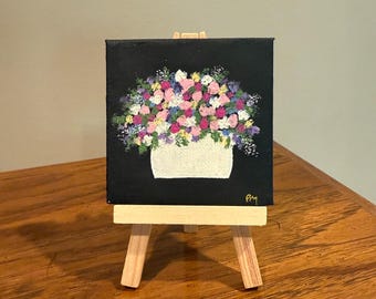 Tiny Ivory Vase with Flowers Art: Original Acrylic Painting 3 x3  Canvas with Easel