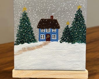 Tiny Marine Blue Christmas Cottage, Tiny Acrylic Painting with Easel, 3" x 3" Canvas Art, Christmas Art