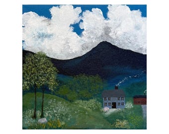 Shadow Mountain Cottage, Original Acrylic Art, Cottage Art, 8 x 8, Mountain Scene with Cottage, Folk Art