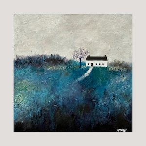 May include: A white house with a black roof sits on a hill overlooking a field of blue and green brush. A single tree stands near the house, and a path leads up to the front door.