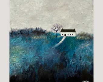 Grey Skies Cottage, Original Acrylic Art, Cottage Art, 12 x 12, Cottage, Blue and Grey Art