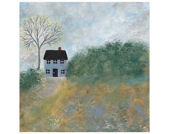 Blooming Springtime Cottage, 8 x 8, Original Acrylic Art, Moonlight, English Landscape, Flower Garden, Folk Art