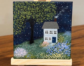 Tiny Blue Cottage with Blue Door, Tiny Acrylic Painting with Easel, 3" x 3" Canvas Art