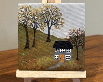 Tiny Pumpkin Cottage, Tiny Acrylic Painting with Easel, 3" x 3" Canvas Art, Autumn Art, Pumpkins