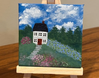Tiny Grey Cottage with Red Door, Tiny Acrylic Painting with Easel, 3" x 3" Canvas Art