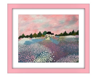 Sunset Garden Manor, 20 x 16, Original Acrylic Art, Sunset, English Landscape, Garden, Flower Garden, Manor House