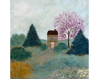 Early Spring Cottage, 8 x 8, Original Acrylic Art, English Landscape, Flower Garden, Redbud Tree, Folk Art