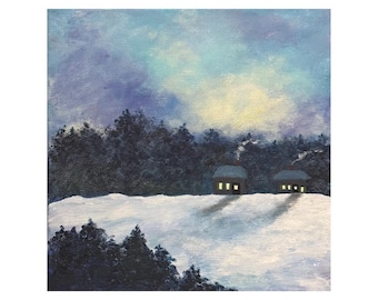 Two Midwinter Cottages, Original Acrylic Art, 10 x 10, Folk Art, January, Winter, Snow