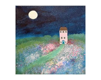 Moonlit Summer Flower Cottage, 8 x 8, Original Acrylic Art, Moonlight, English Landscape, Flower Garden, Folk Art