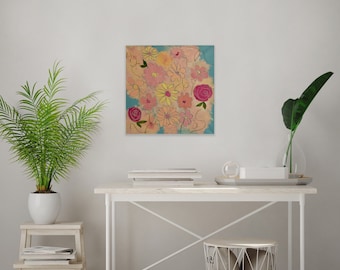 Want Some Whimsy With That?, Flower Art, 18 x 18, Original Acrylic Art, Pink Flowers, Modern Floral Art