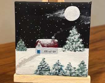 Tiny Grey Red Roof Christmas Cottage, Tiny Acrylic Painting with Easel, 3" x 3" Canvas Art, Christmas Art