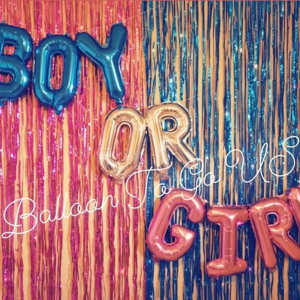 Gender Reveal Party Supplies Balloon Garland Kit with BOY OR GIRL Foil Balloon, Tinsel Curtain Baby Shower Letter Balloons