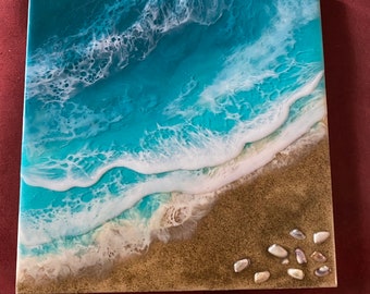 12"x12" Ocean Beach scape with 3D waves Resin Art , Beach Art, Beach Decor, Coastal Decor, Epoxy Resin Beach Art, Beach House Decor, gift