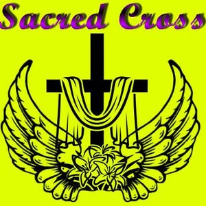 May include: A graphic design on a bright yellow background featuring the black text Sacred Cross at the top. Below the text is a black cross draped with fabric, flanked by two large black wings, and centered above a cluster of black lily flowers.