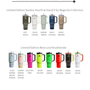 Puede incluir: Imagen que muestra varios vasos Stanley en diferentes colores. La fila superior presenta tonos apagados como verde, crema y marr&oacute;n. La fila inferior muestra colores ne&oacute;n vibrantes, incluyendo rosa, amarillo y naranja. Cada vaso tiene un asa y una pajita.