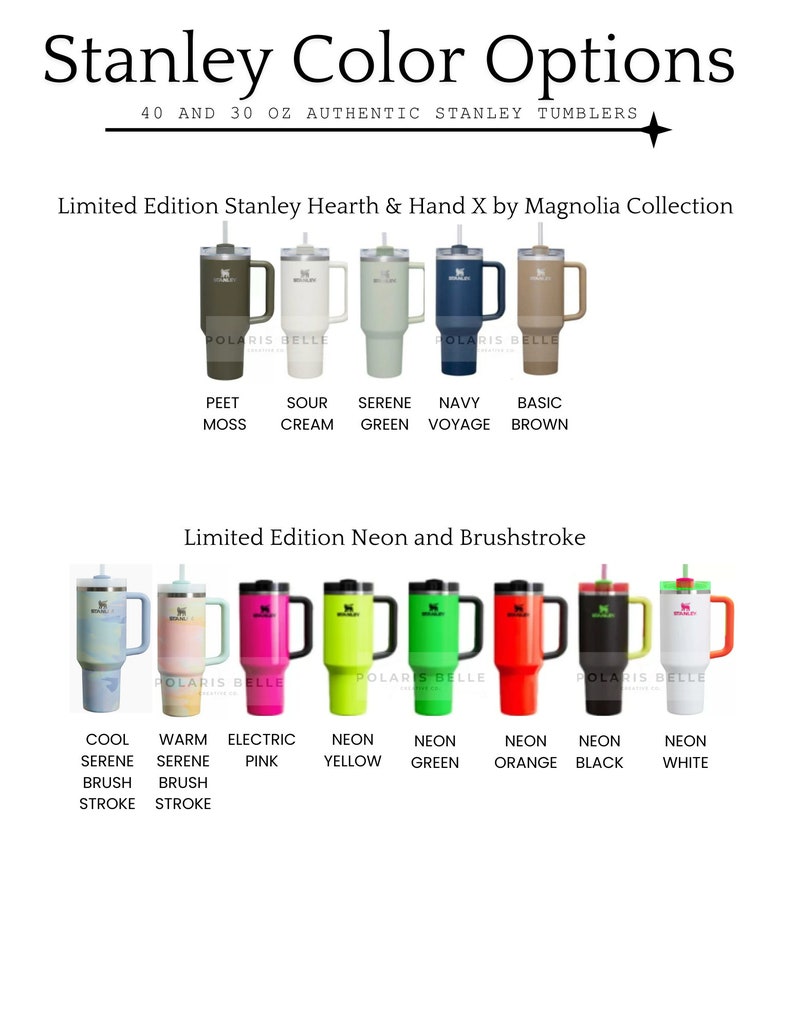 Puede incluir: Imagen que muestra varios vasos Stanley en diferentes colores. La fila superior presenta tonos apagados como verde, crema y marr&oacute;n. La fila inferior muestra colores ne&oacute;n vibrantes, incluyendo rosa, amarillo y naranja. Cada vaso tiene un asa y una pajita.