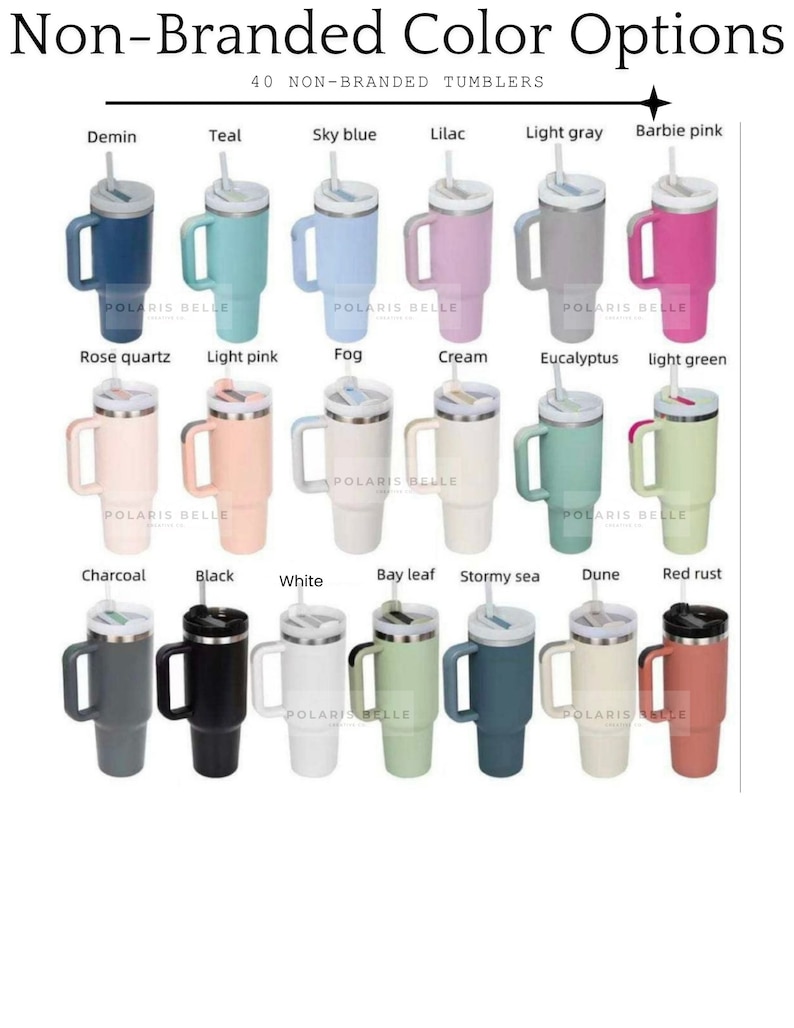 Puede incluir: Una colecci&oacute;n de 20 vasos aislados en varios colores, incluyendo Demin, Teal, Sky Blue, Lila, Gris claro y Rosa Barbie. Cada vaso tiene un asa, una tapa y una pajita. El texto "Non-Branded Color Options" est&aacute; en la parte superior.