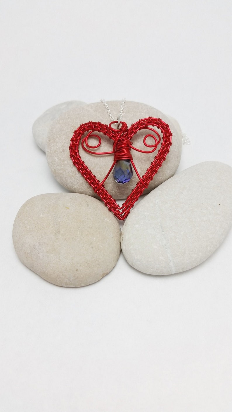 Red Heart Necklace Copper Wire Weave and Crystal