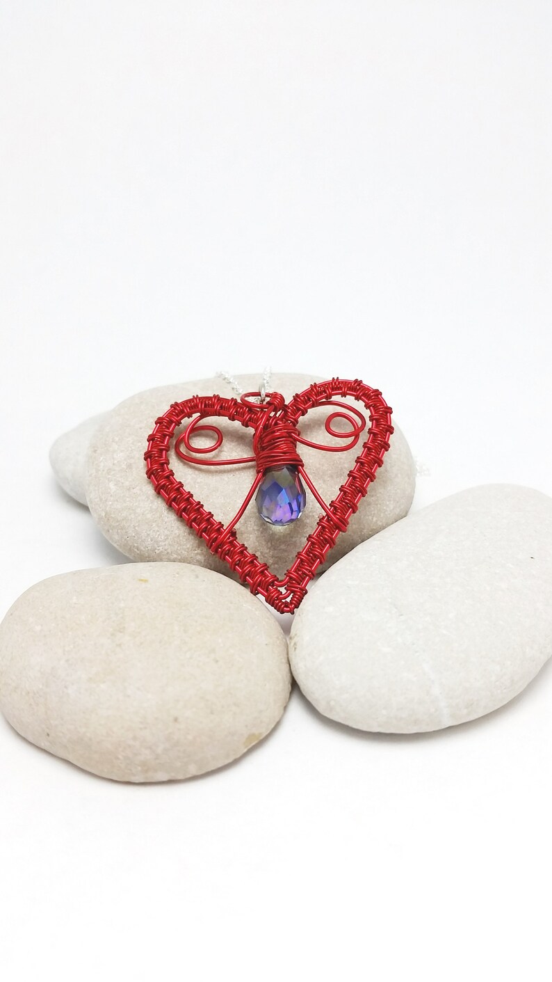 Red Heart Necklace Copper Wire Weave and Crystal