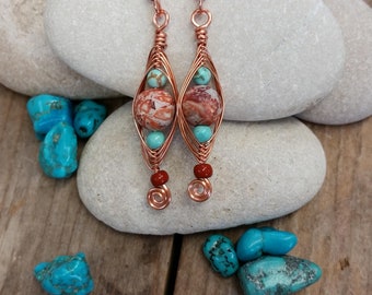 Copper Herringbone weave earrings with Jasper and Turquoise Magnesite