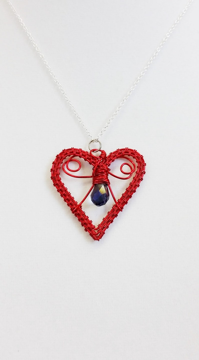 Red Heart Necklace Copper Wire Weave and Crystal