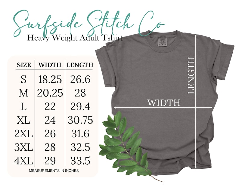 May include: A gray heavy-weight adult t-shirt with size, width, and length measurements in inches. The t-shirt has a crew neck and short sleeves. The text "Surfside Stitch Co" is at the top of the image.