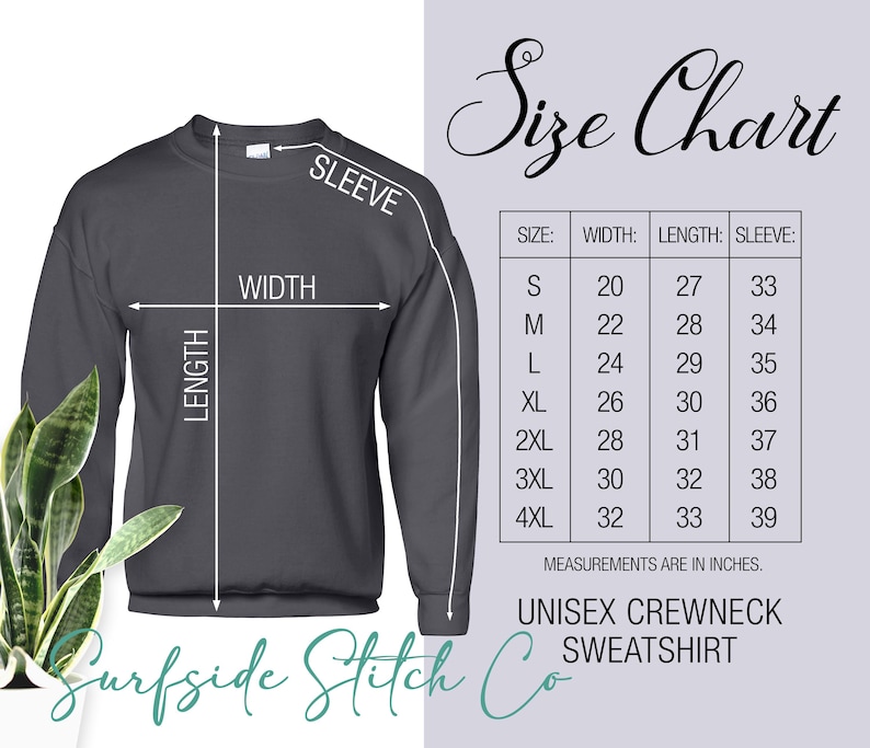 May include: A dark gray unisex crewneck sweatshirt with a size chart. The chart shows measurements in inches for width, length, and sleeve length, ranging from size small to 4XL. The text "Surfside Stitch Co" is at the bottom.
