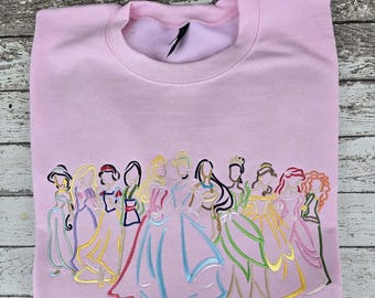 Embroidered Disney Princess Sweatshirt- WDW Vacation Sweater - Cinderella Rapunzel Mulan Aurora Belle Ariel Merida Tiana Jasmine Pocahontas