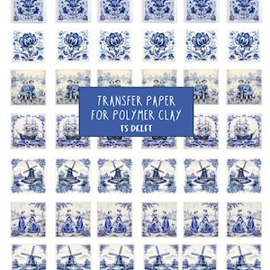 May include: A collection of blue and white transfer paper sheets for polymer clay. The sheets feature various Delft-style designs, including floral patterns, windmills, sailing ships, and figures in traditional attire. The text on the blue rectangle reads: "TRANSFER PAPER FOR POLYMER CLAY TS DELFT."